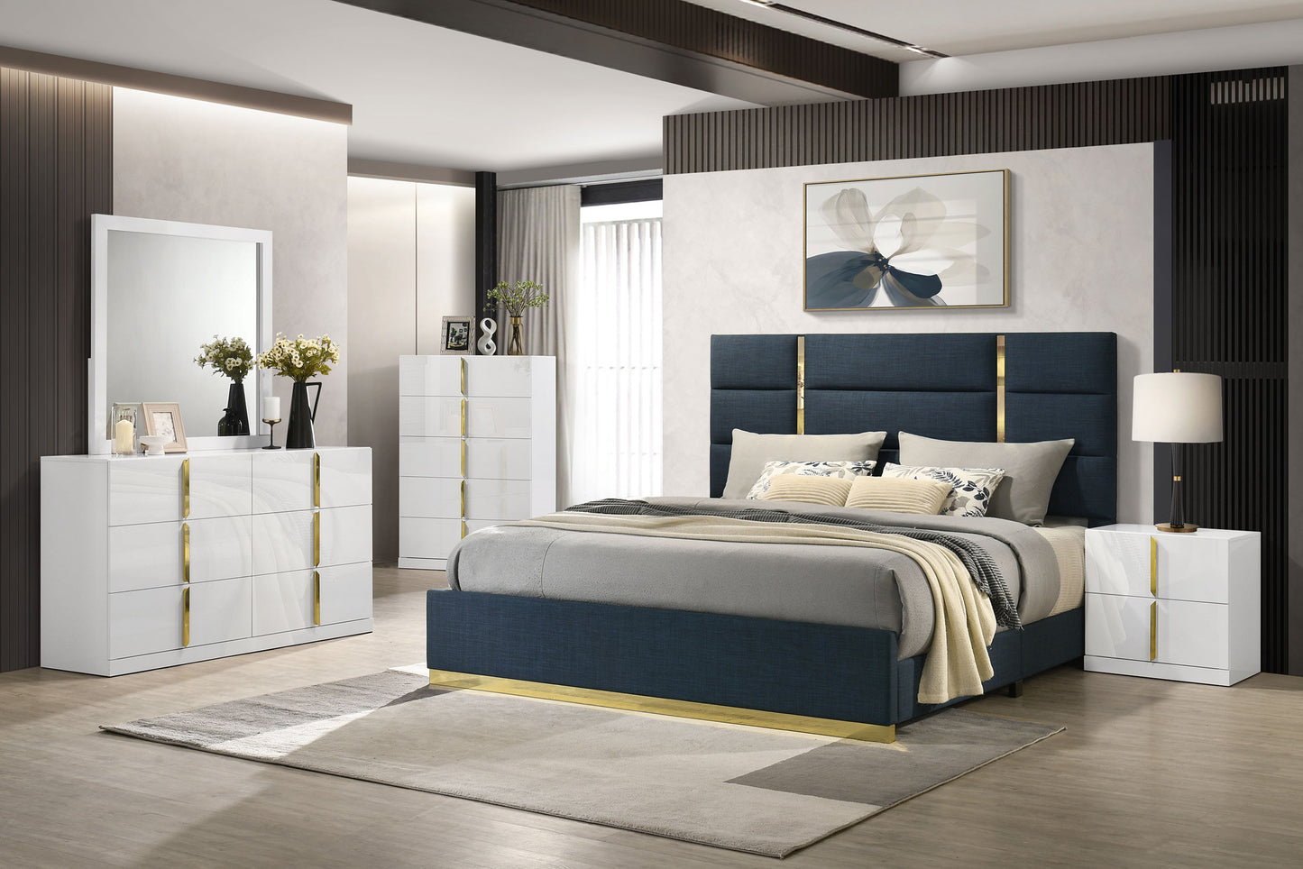 Ines 52-inch Fabric Upholstered Eastern King Panel Bed Navy