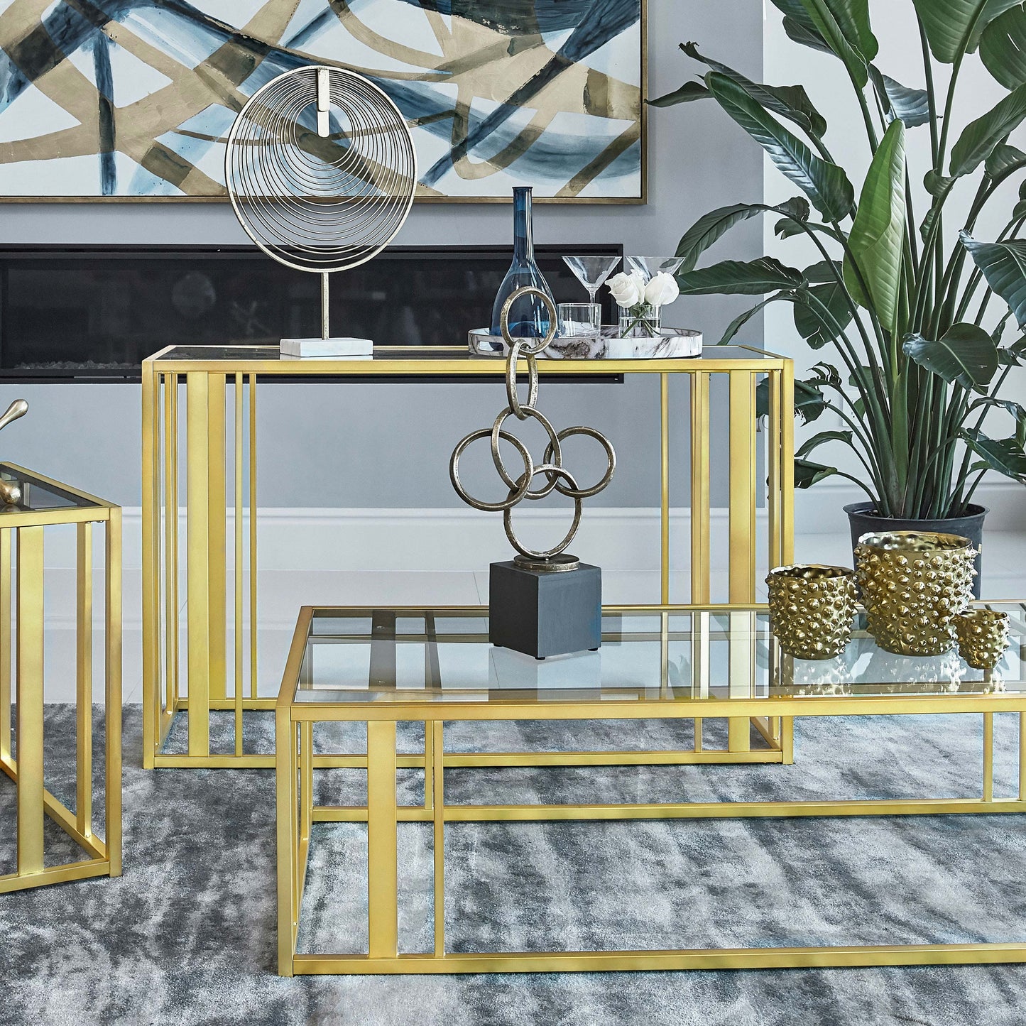 Adri Glass Top Entryway Console Table Matte Brass