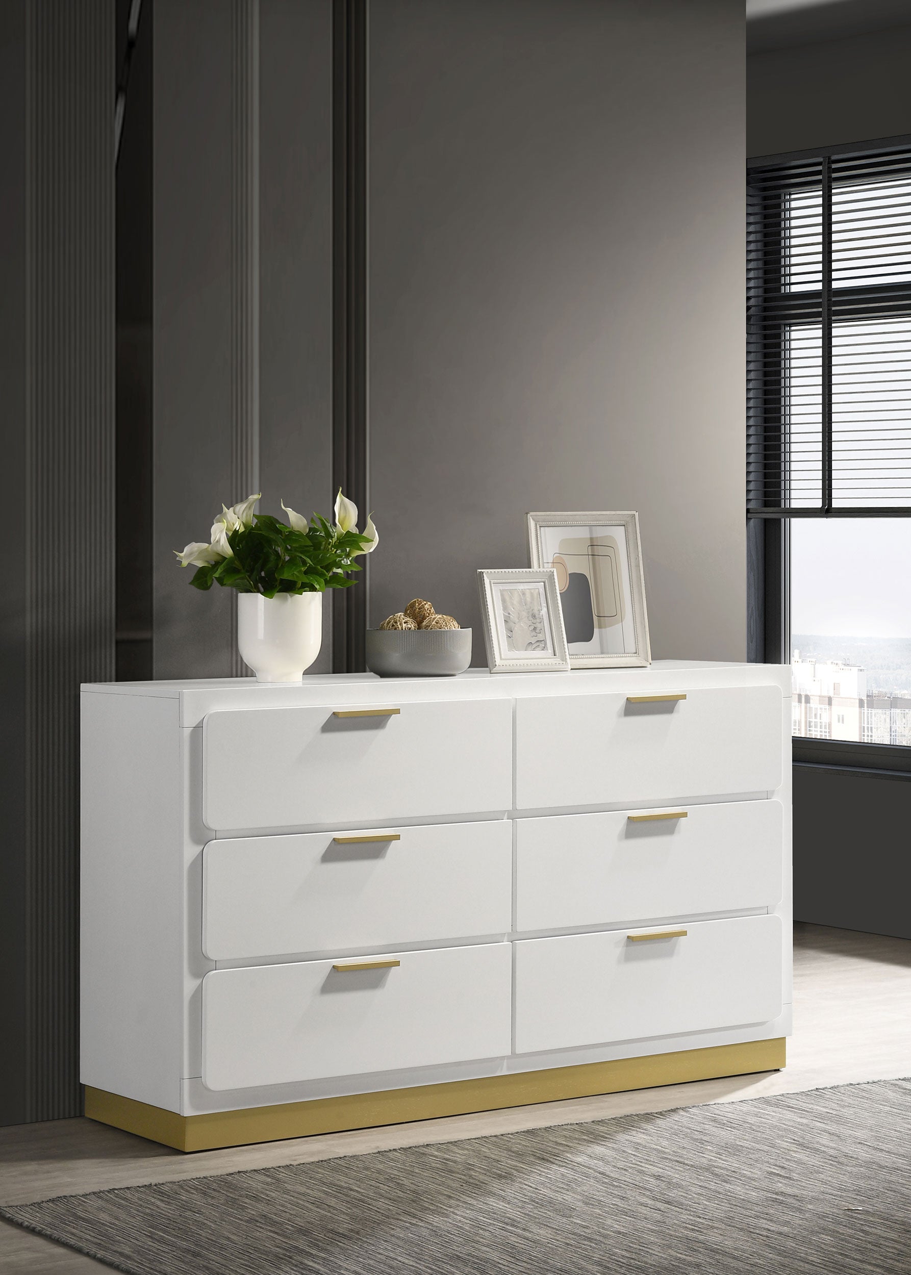 white dresser with gold handles Caraway 6-drawer Dresser White – Furniture Factory Outlet