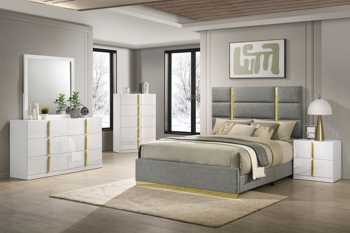 Ines 5-piece Eastern King Bedroom Set Grey and White High Gloss