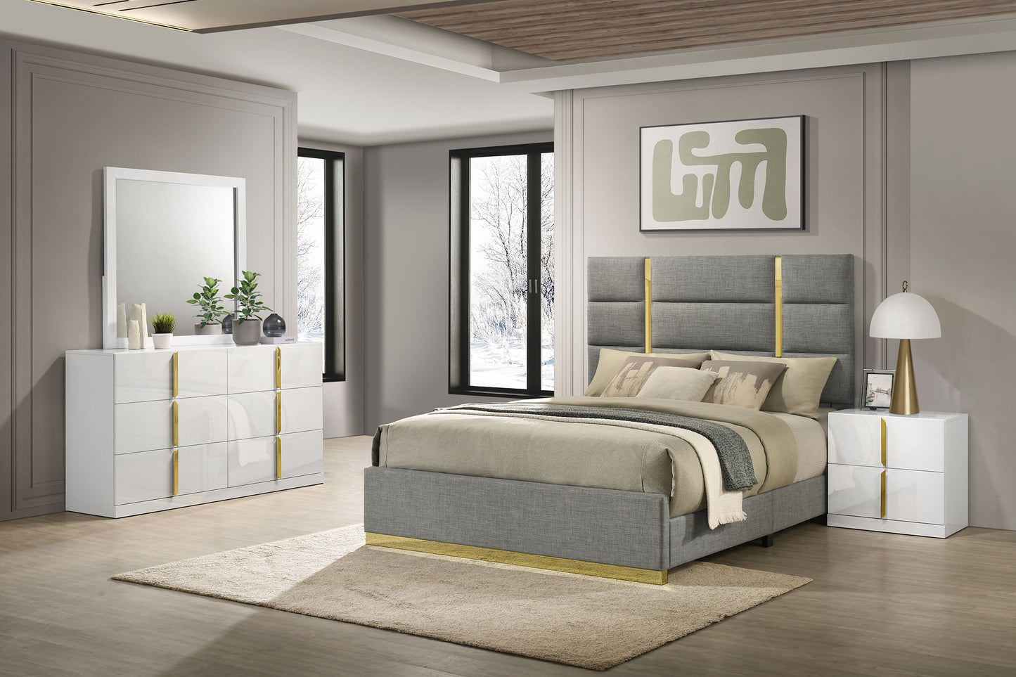 Ines 4-piece Queen Bedroom Set Grey and White High Gloss