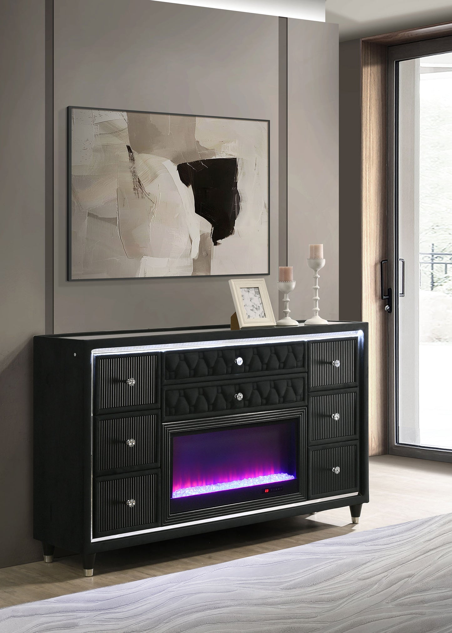 Lorient 8-drawer LED Bedroom Flame Box Dresser Black