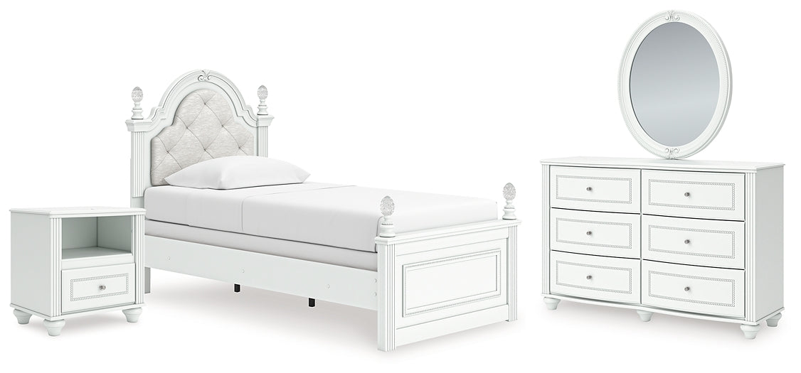 Kozlani Twin Upholstered Panel Bed, Dresser, Mirror and Nightstand