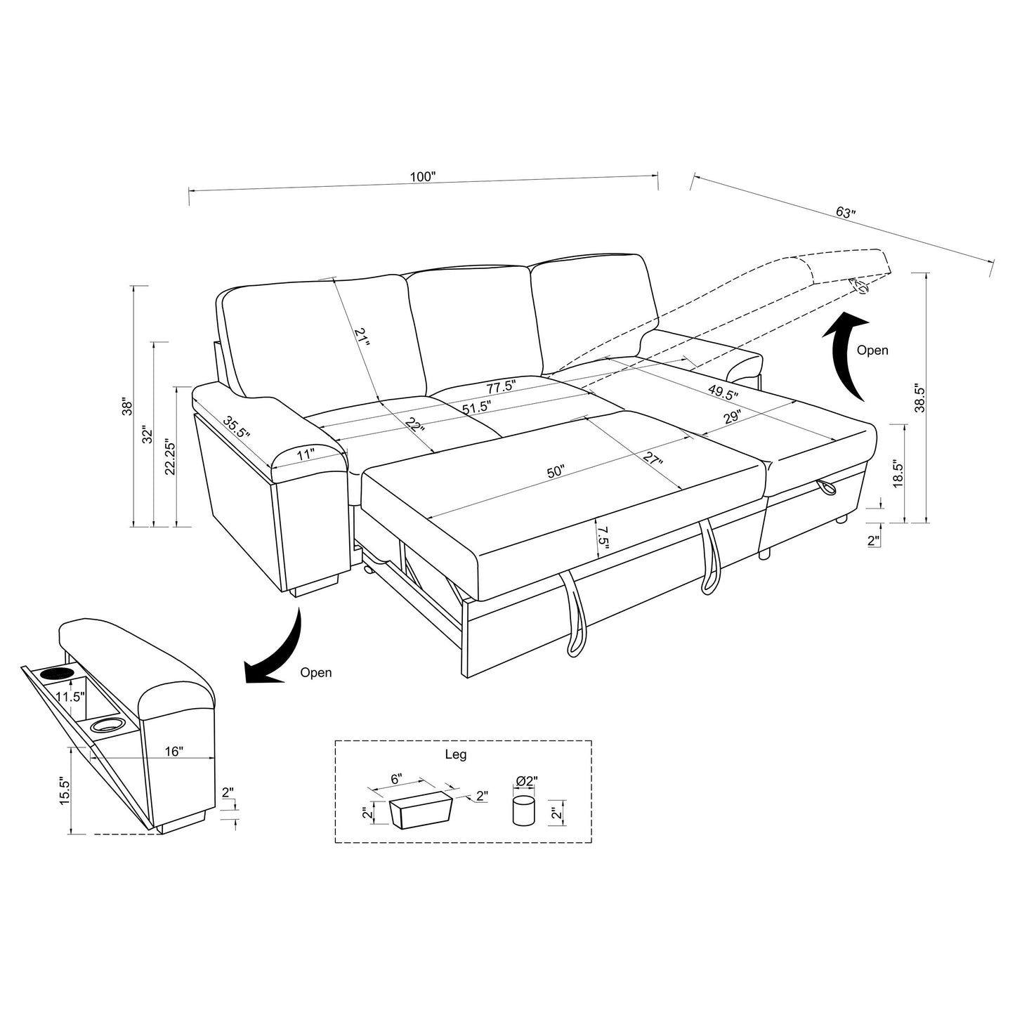 Demko Sleeper Sectional Sofa with Speaker and Storage Chaise Brown