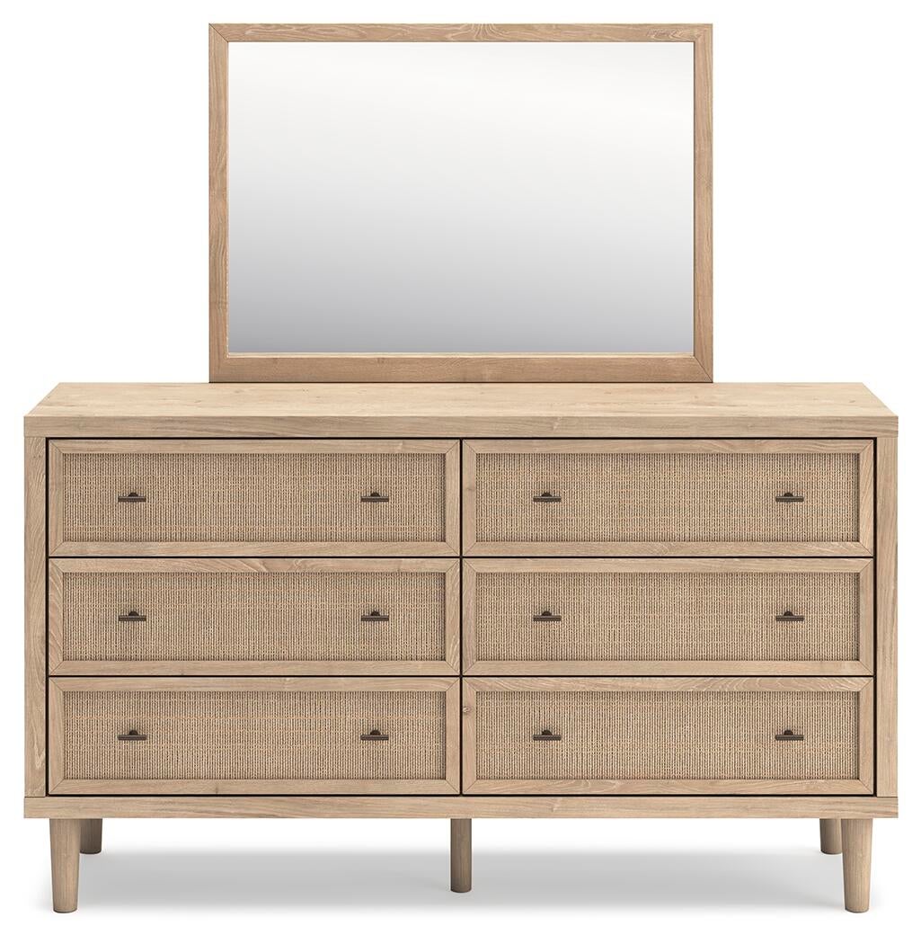 Cielden King Upholstered Bed with Roll Slats, Dresser, Mirror and Nightstand