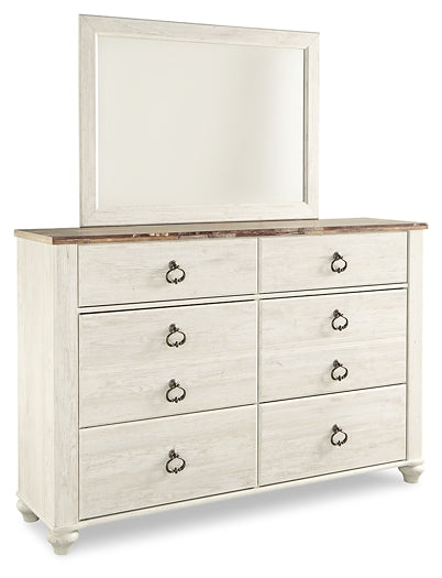 Willowton Twin Panel Headboard with Mirrored Dresser, Chest and 2 Nightstands