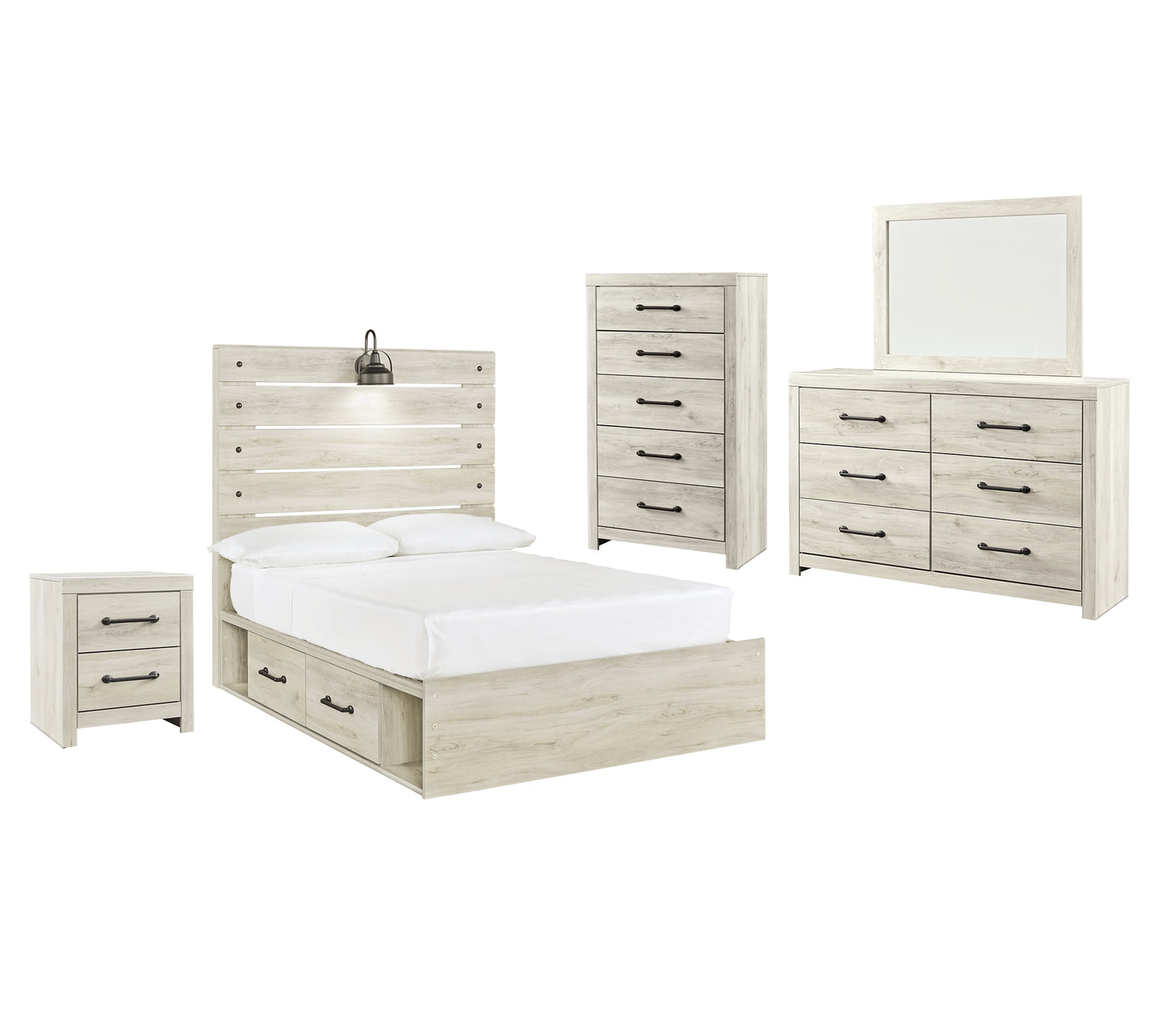 Cambeck Full Panel Bed with 4 Storage Drawers with Mirrored Dresser, Chest and Nightstand