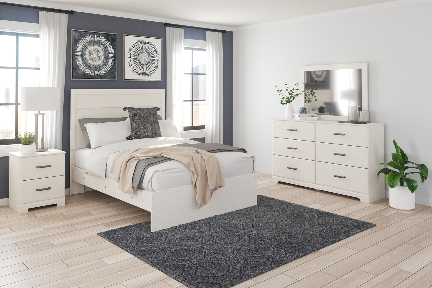 Stelsie Full Panel Bed with Mirrored Dresser and Nightstand