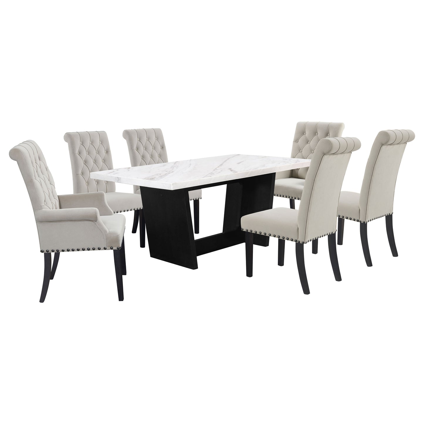 Sherry 7-piece Rectangular Marble Top Dining Set Sand and White