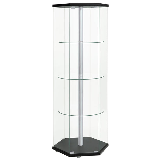 Zahavah 4-shelf Hexagonal Clear Glass Curio Cabinet Black